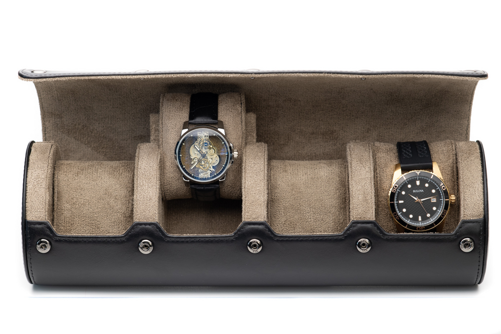 Sable Black Full-grain Cow Leather Watch Roll - 4 Watches
