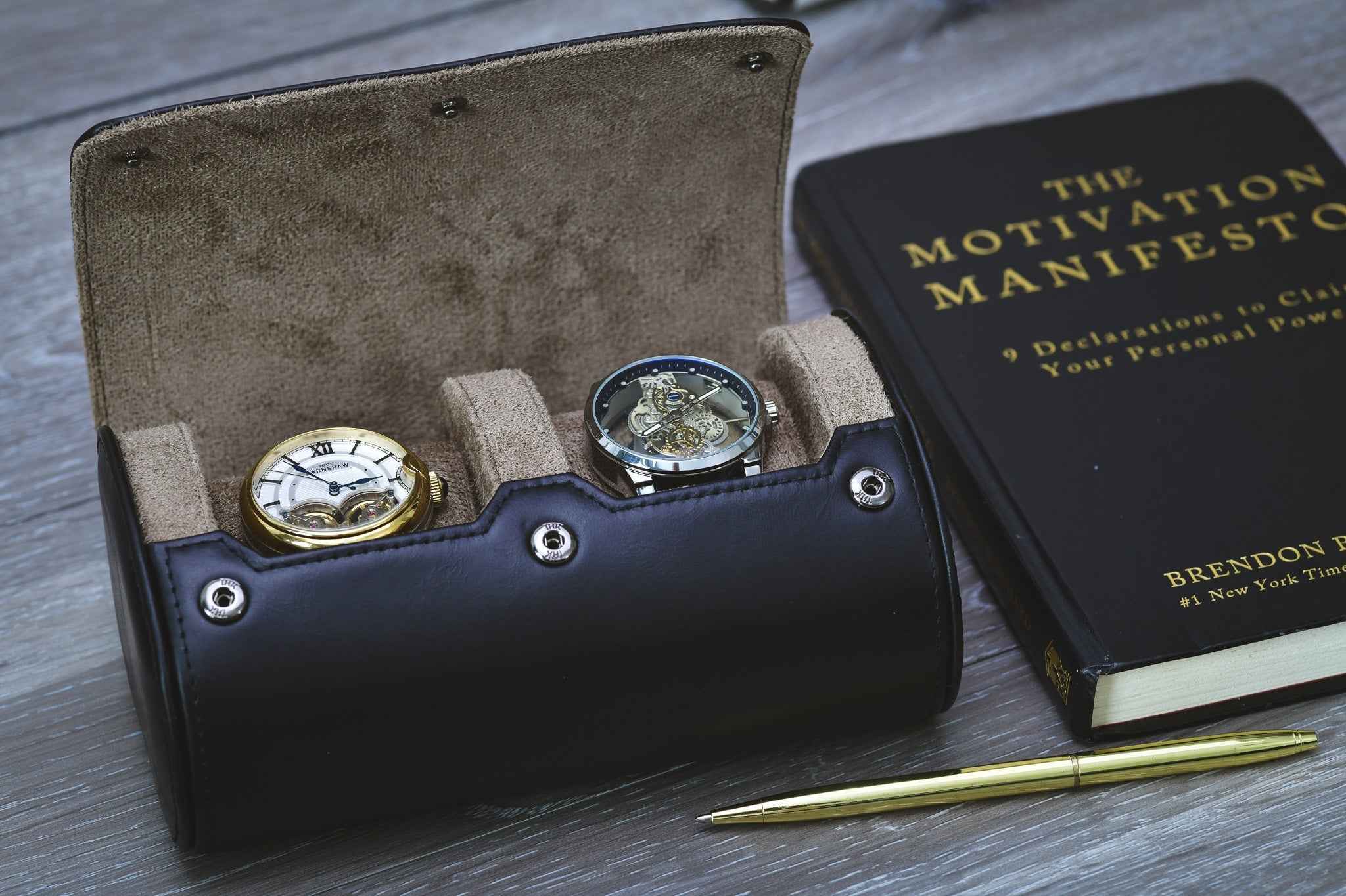 Sable Black Full Grain Cow Leather Watch Roll - 2 Watches