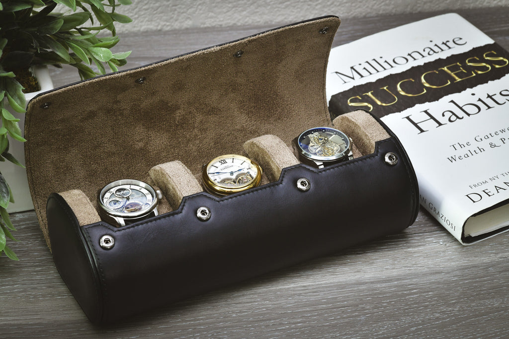 Sable Black Full-grain Cow Leather Watch Roll Case - 3 Watches