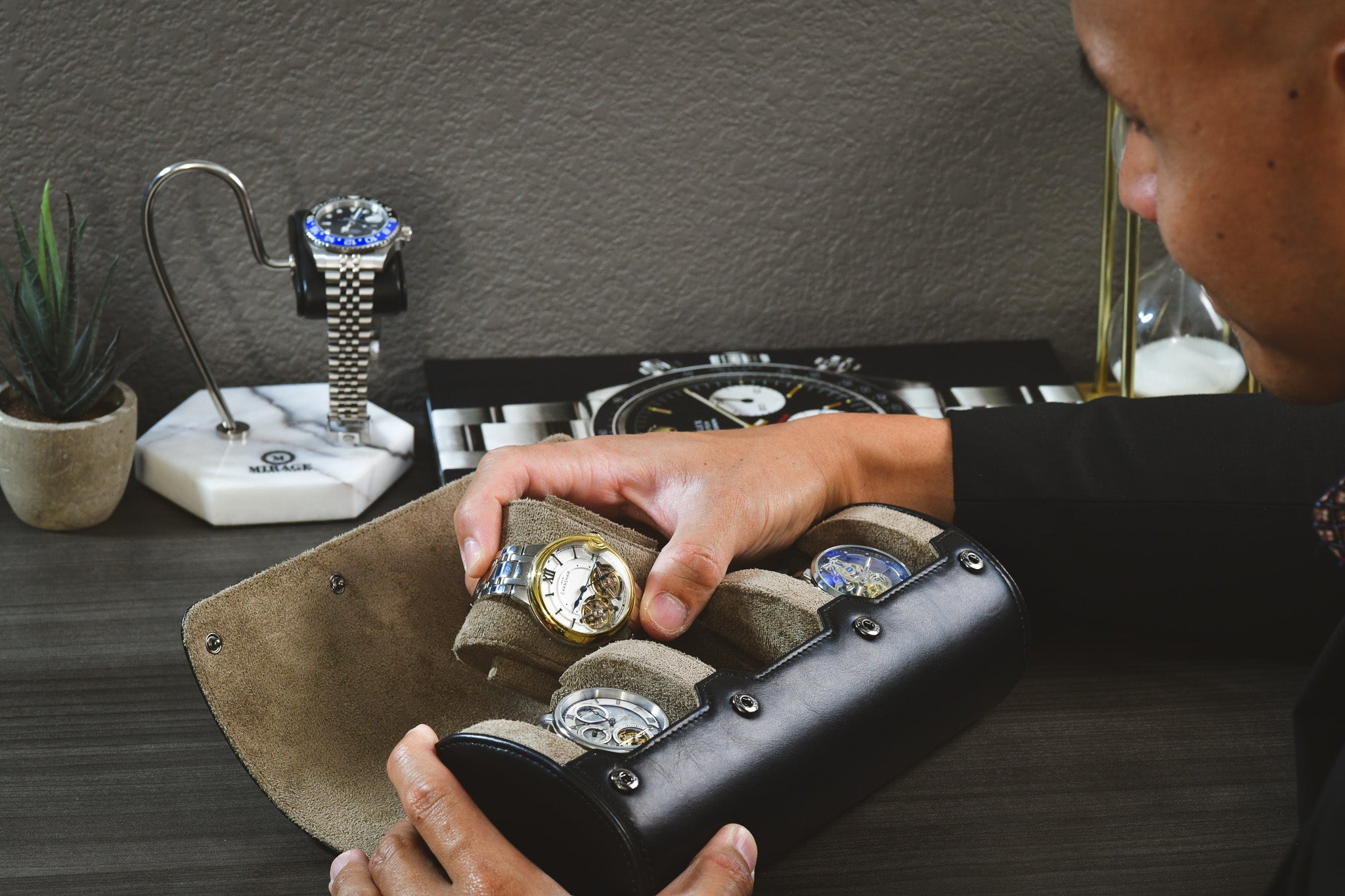 Sable Black Full-grain Cow Leather Watch Roll Case - 3 Watches