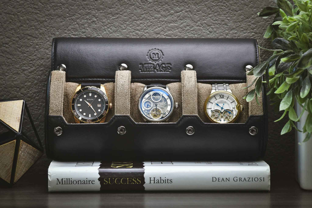 Sable Black Full-grain Cow Leather Watch Roll Case - 3 Watches