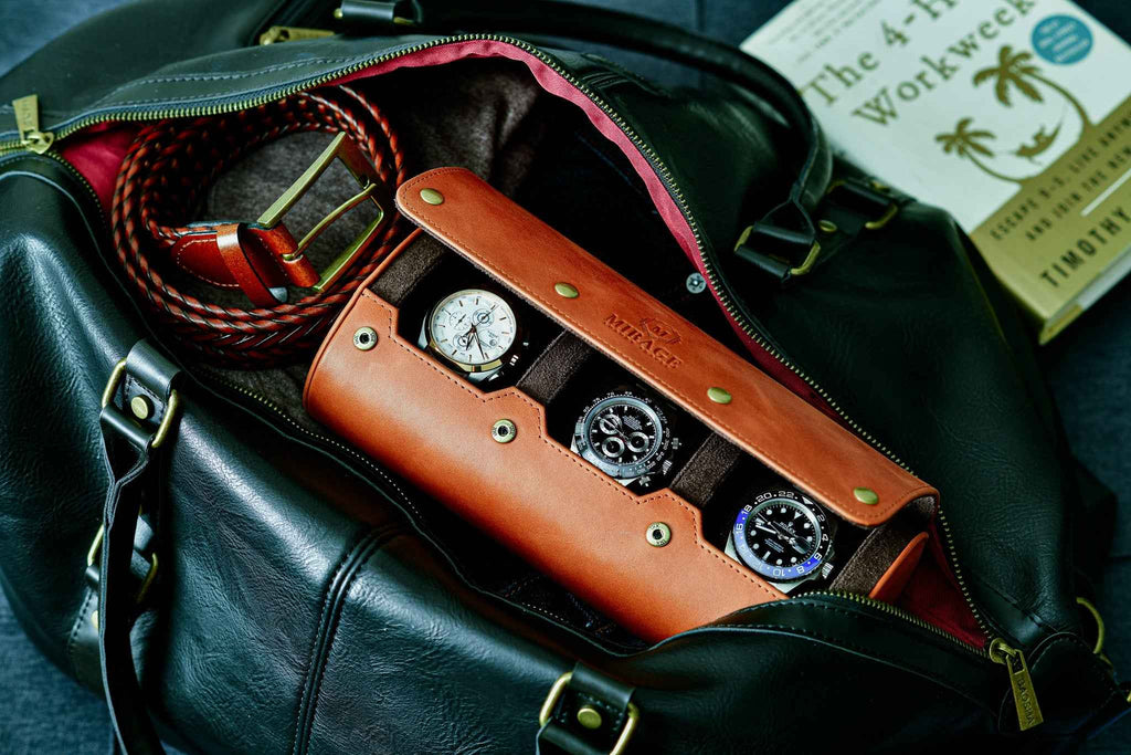 Tawny Brown Full-grain Cow Leather Watch Roll - 3 Watches