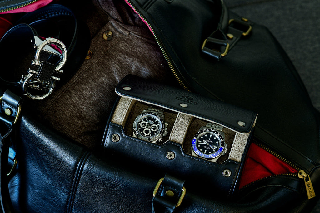 Sable Black Full Grain Cow Leather Watch Roll - 2 Watches