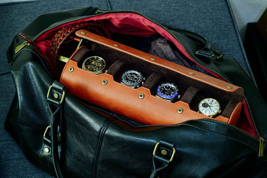 Tawny Brown Full-grain Cow Leather Watch Roll - 4 Watches