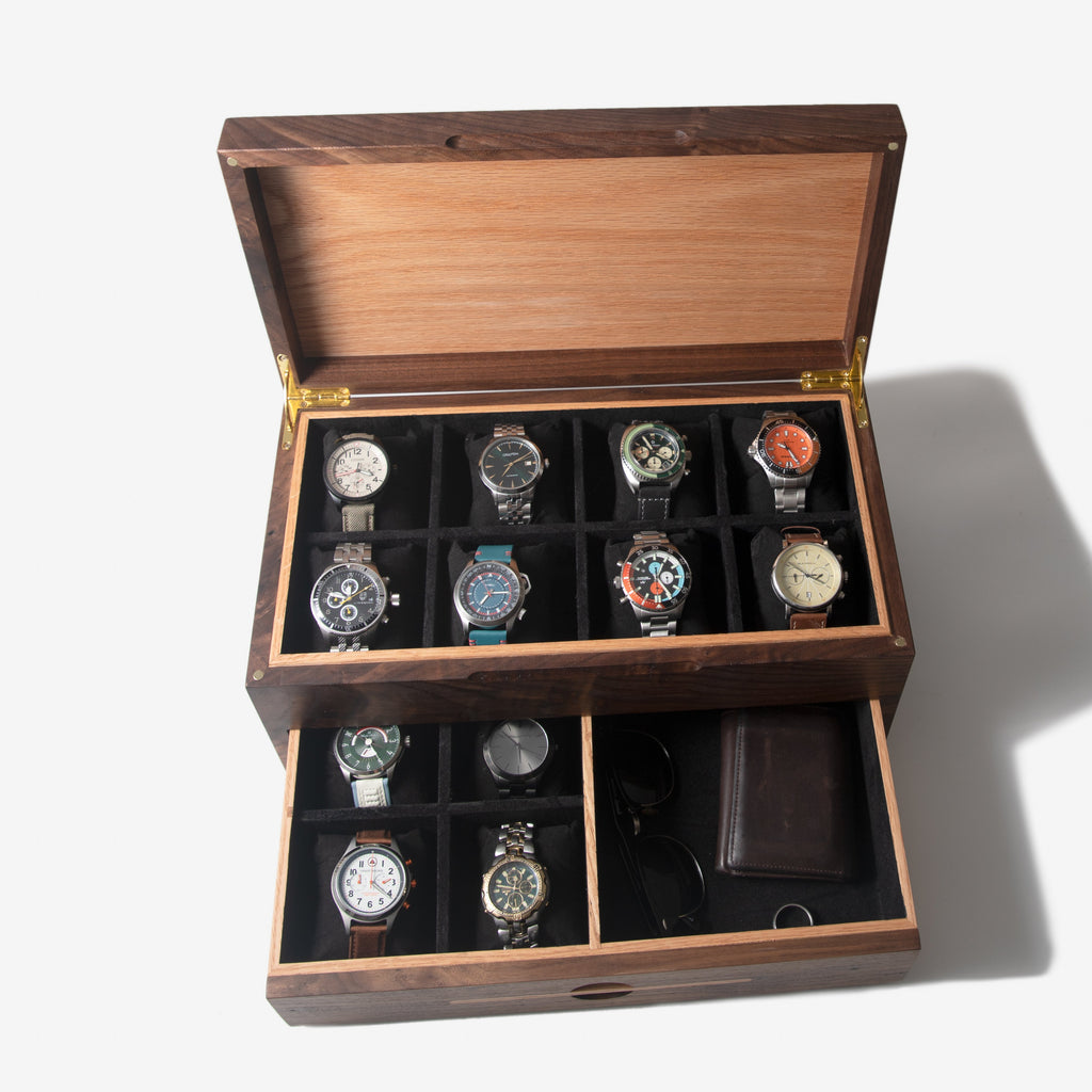 Watch Box with Drawer - Black Walnut and Oak - 12 to 16 Watch Compartments