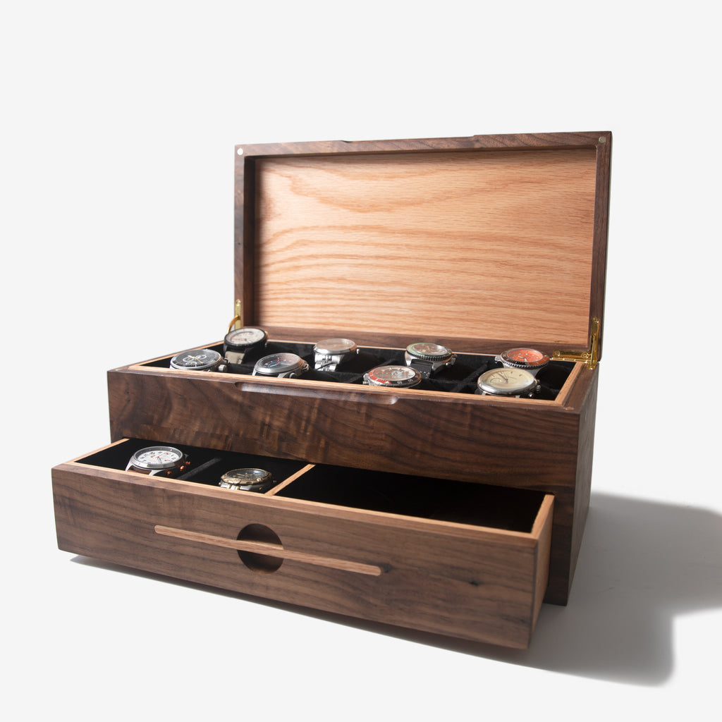Watch Box with Drawer - Black Walnut and Oak - 12 to 16 Watch Compartments
