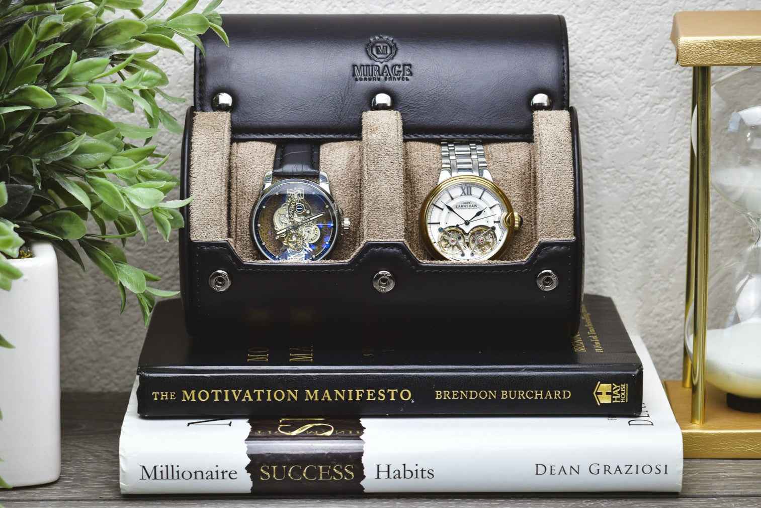 Sable Black Full Grain Cow Leather Watch Roll - 2 Watches