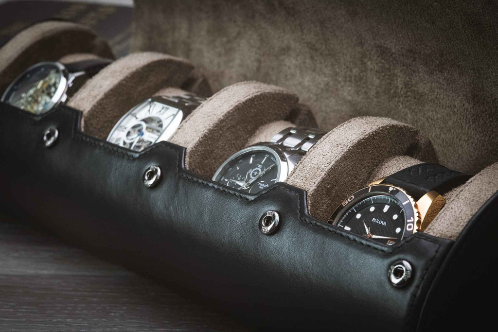 Sable Black Full-grain Cow Leather Watch Roll - 4 Watches