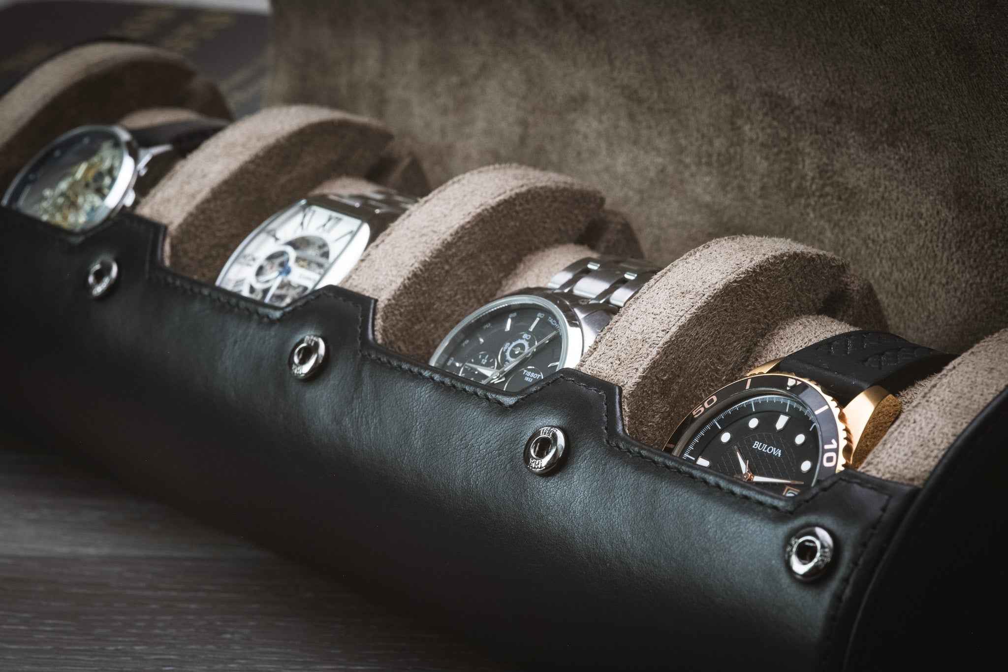 Sable Black Full-grain Cow Leather Watch Roll - 4 Watches