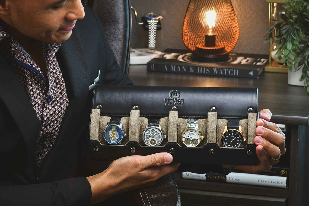Sable Black Full-grain Cow Leather Watch Roll - 4 Watches