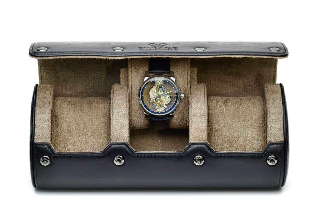 Sable Black Full-grain Cow Leather Watch Roll Case - 3 Watches