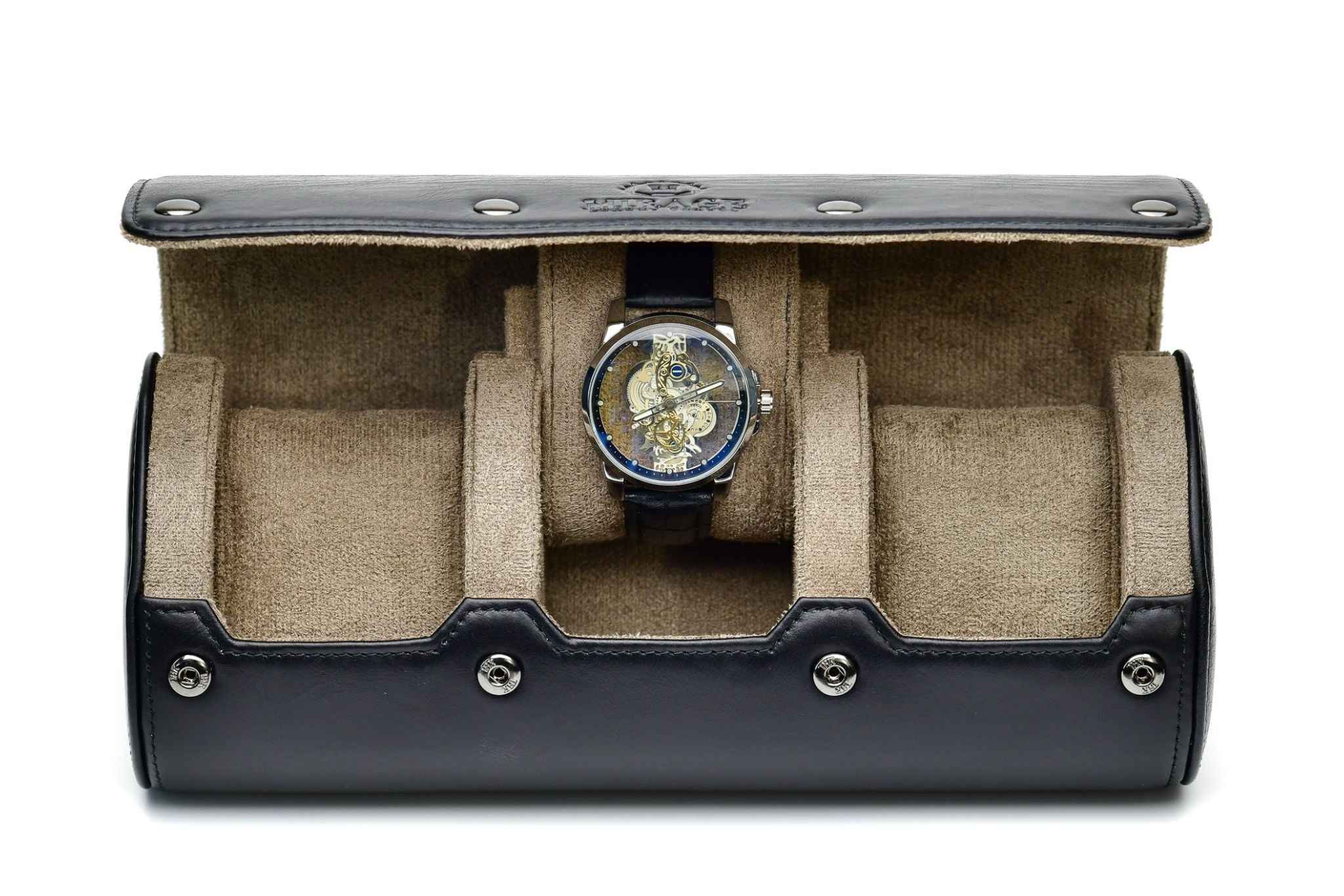 Sable Black Full-grain Cow Leather Watch Roll Case - 3 Watches