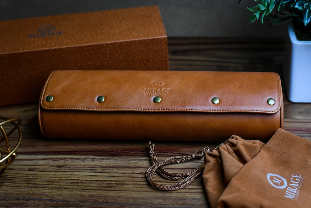 Tawny Brown Full-grain Cow Leather Watch Roll - 4 Watches